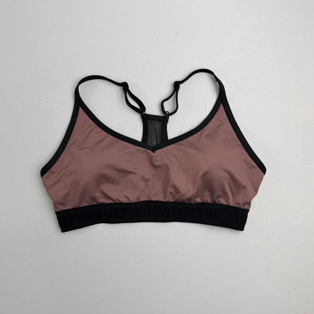 PINK Sports Bra Women L Mauve Good Racerback Mesh Logo Band Activewear